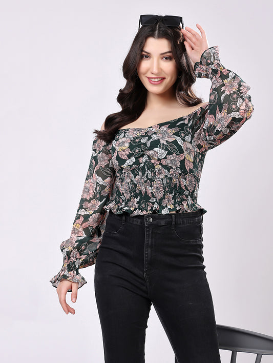 Green Floral Smocked Crop Top