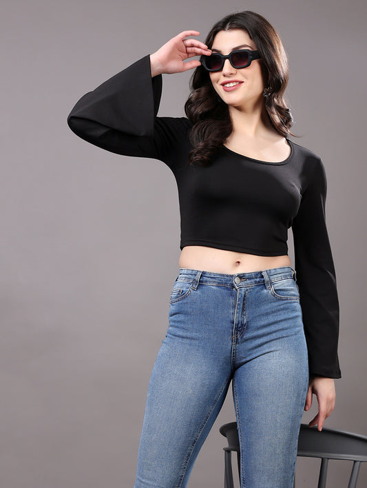Black Bell-Sleeve Crop Top
