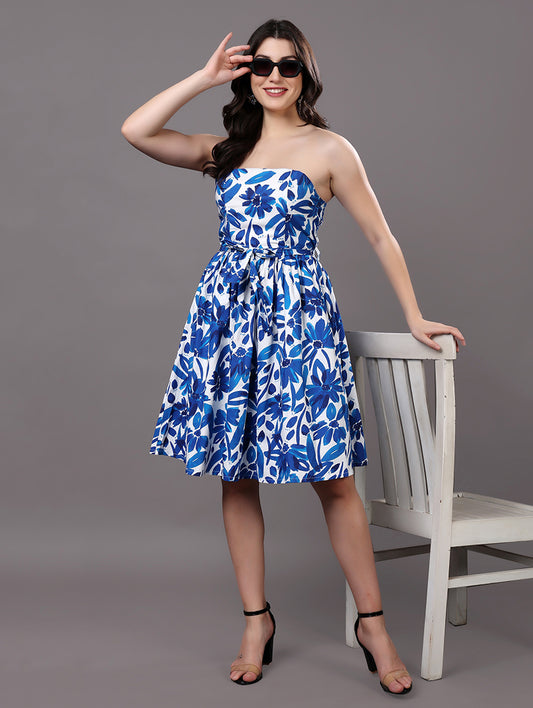 Azure Bloom Sleeveless Printed Dress (Blue & White Floral)