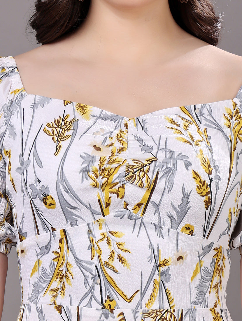 Yellow Floral Puff Sleeve Mini Dress