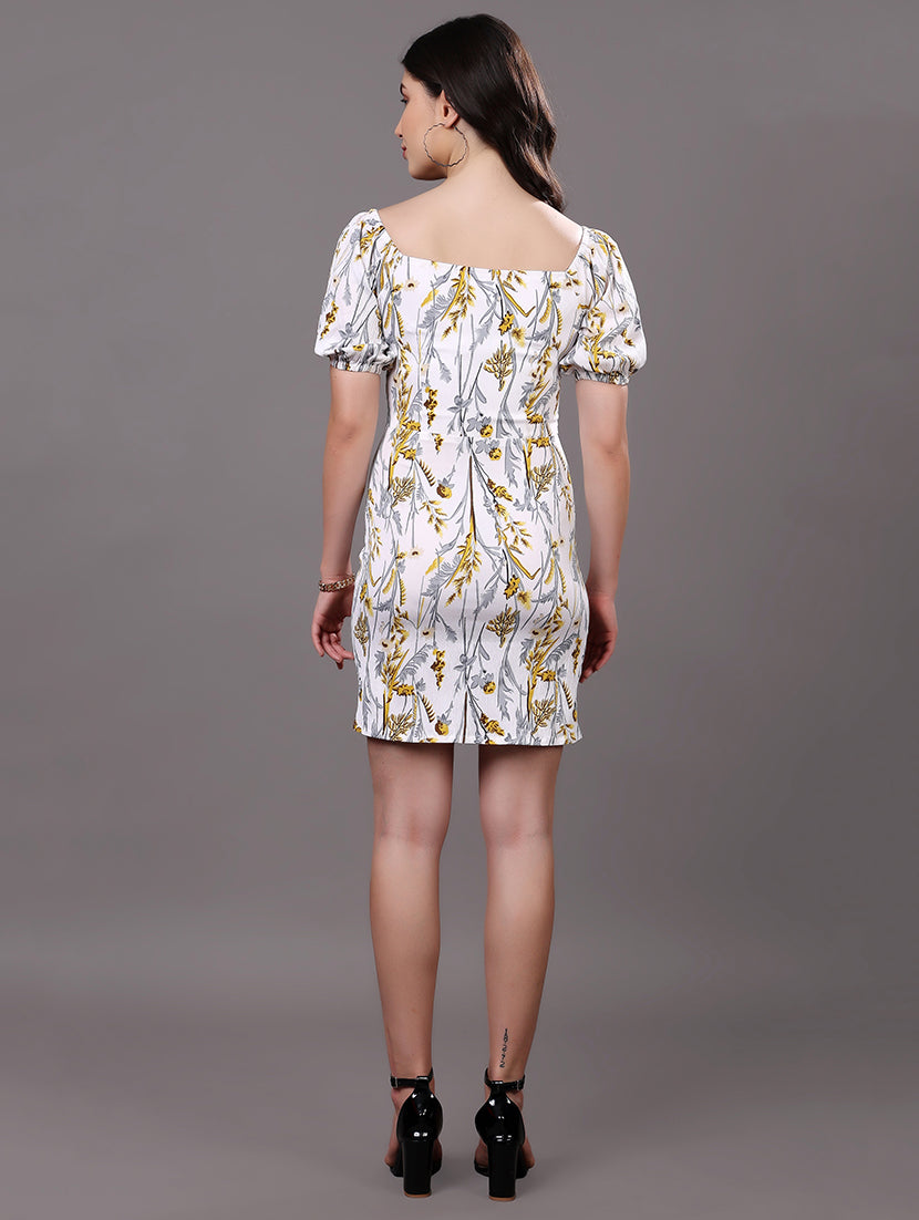 Yellow Floral Puff Sleeve Mini Dress