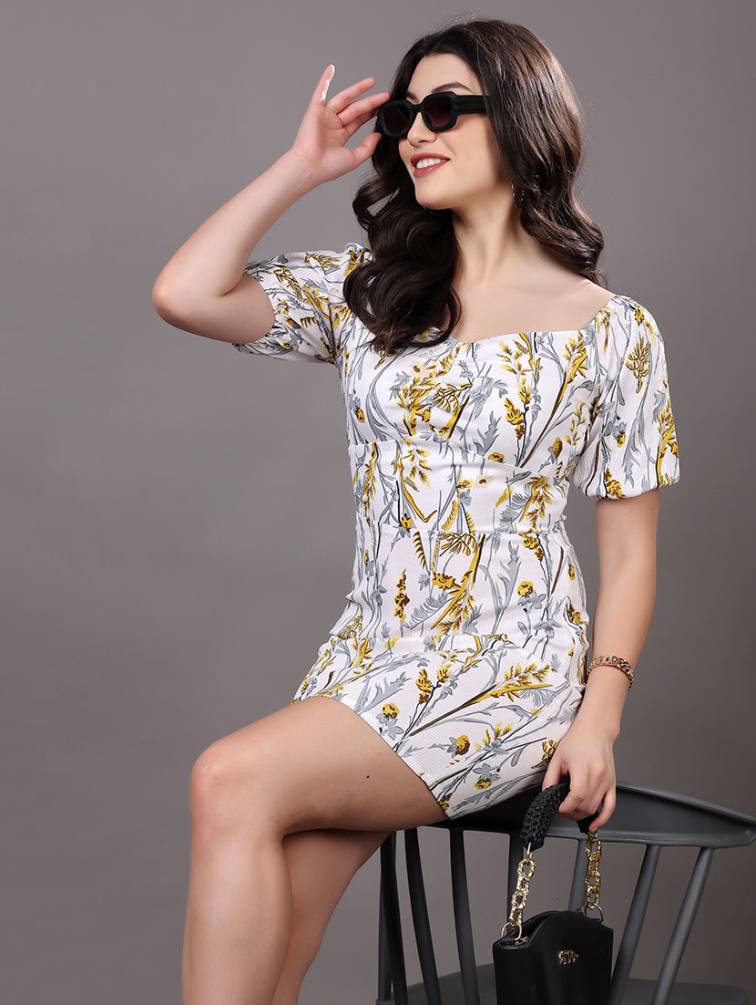 Yellow Floral Puff Sleeve Mini Dress
