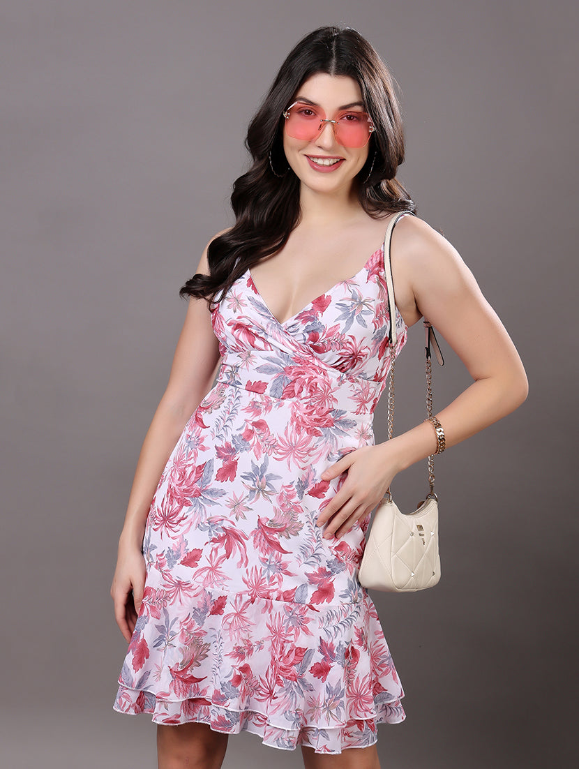 Pink Floral Ruffle Mini Dress