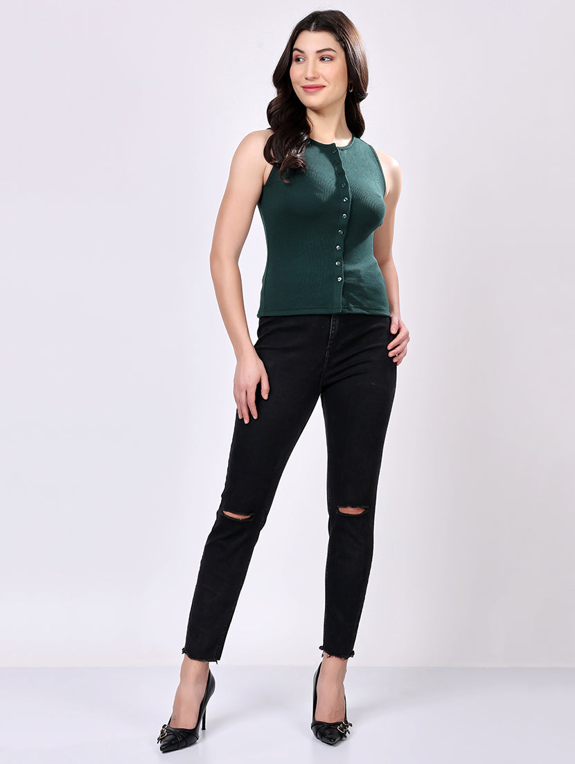 Dark Green Sleeveless Button-Down Top