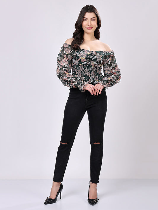 Green Floral Smocked Crop Top