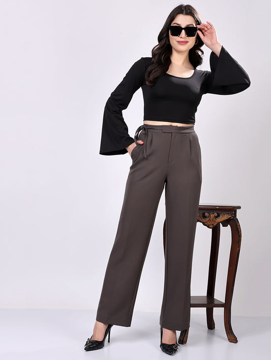 Dark Gray Tie-Waist Wide-Leg Trousers