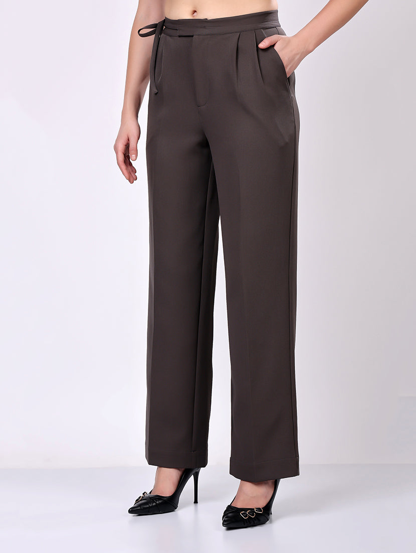 Dark Gray Tie-Waist Wide-Leg Trousers