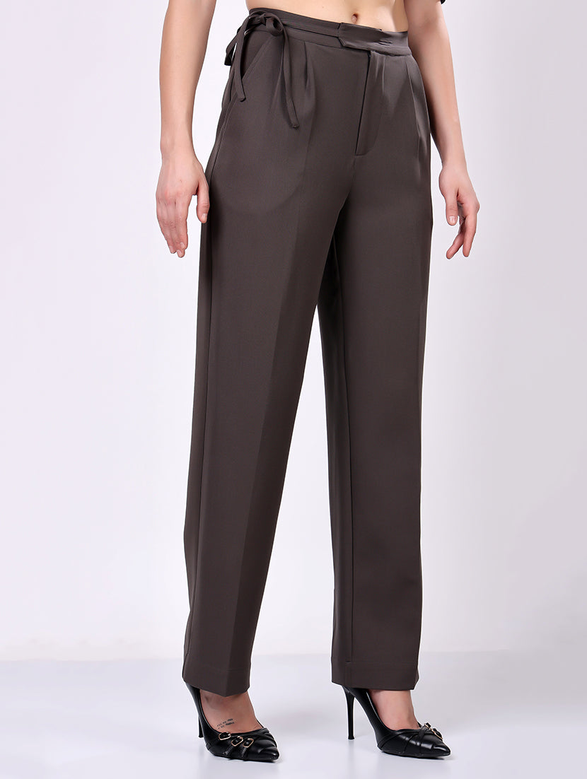 Dark Gray Tie-Waist Wide-Leg Trousers