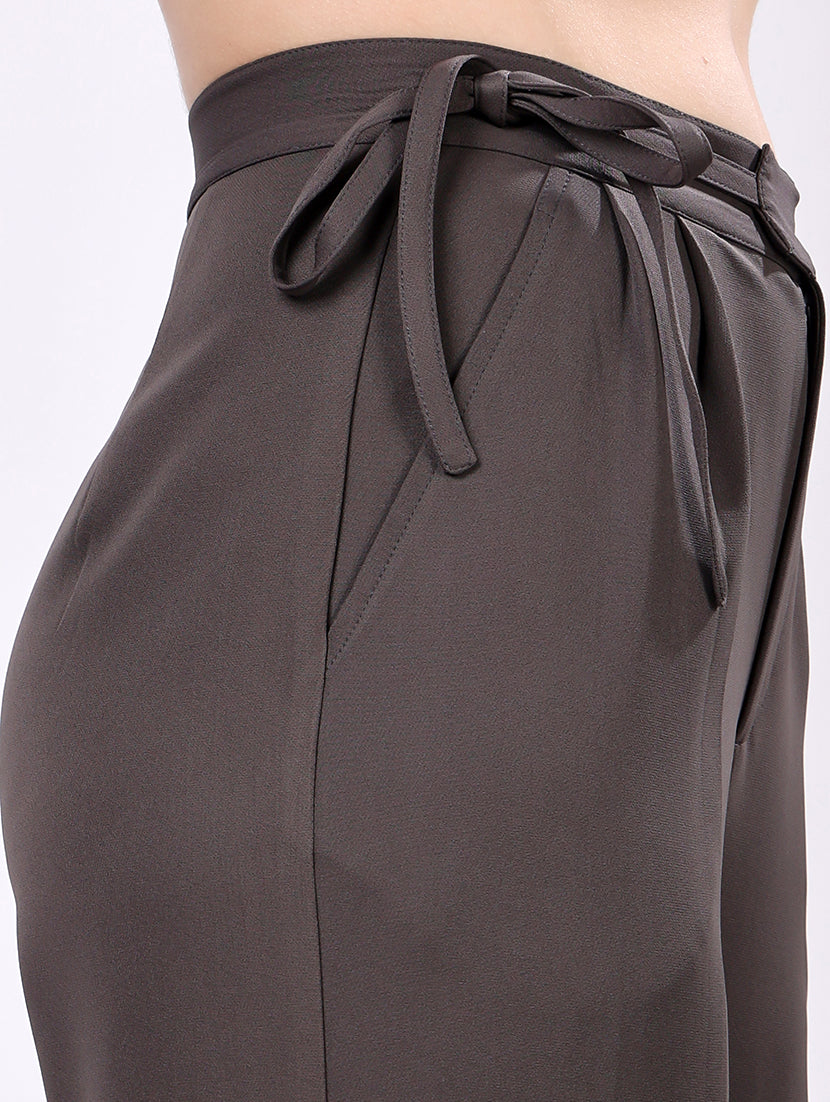 Dark Gray Tie-Waist Wide-Leg Trousers