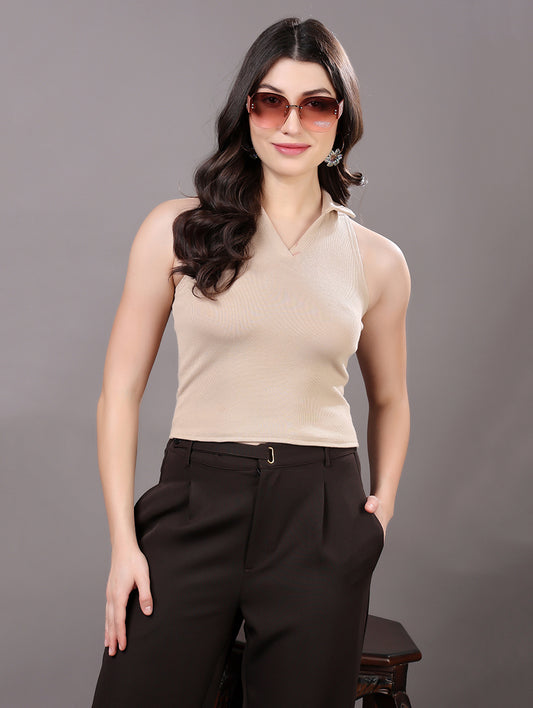 Beige Ribbed Polo Tank Top