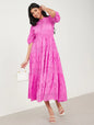 women pink solid puff sleeve midi dress