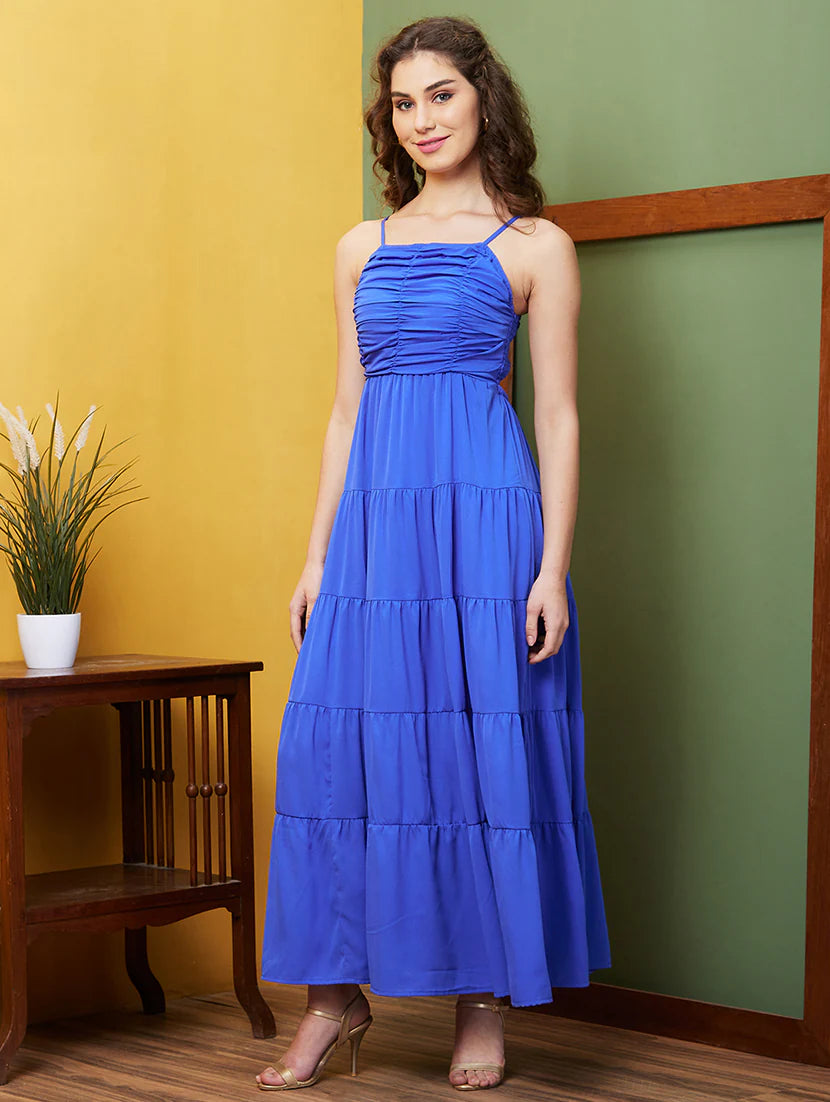 blue solid tiered dress