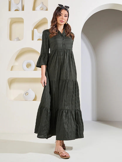 women solid bell sleeves tiered dress