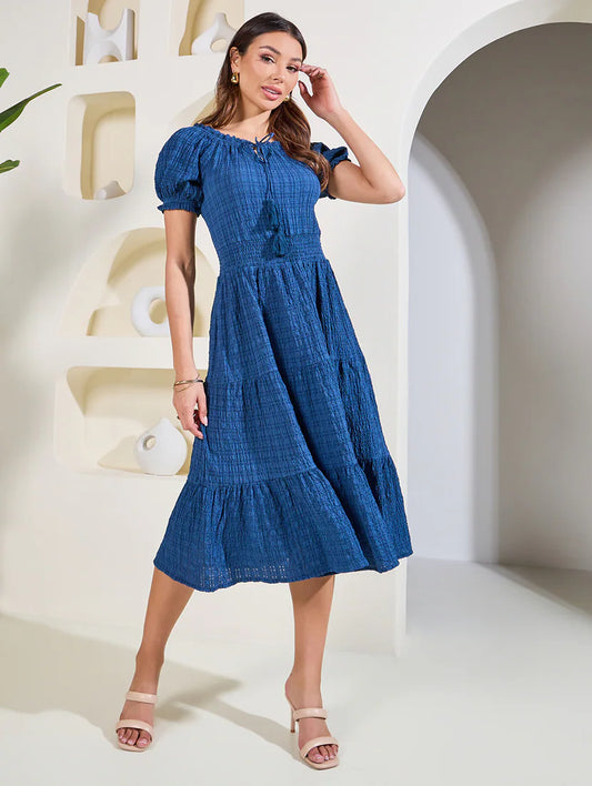 women solid puff sleeves tiered dress