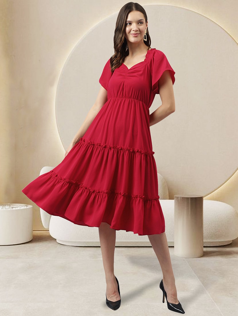 women red solid tiered dress