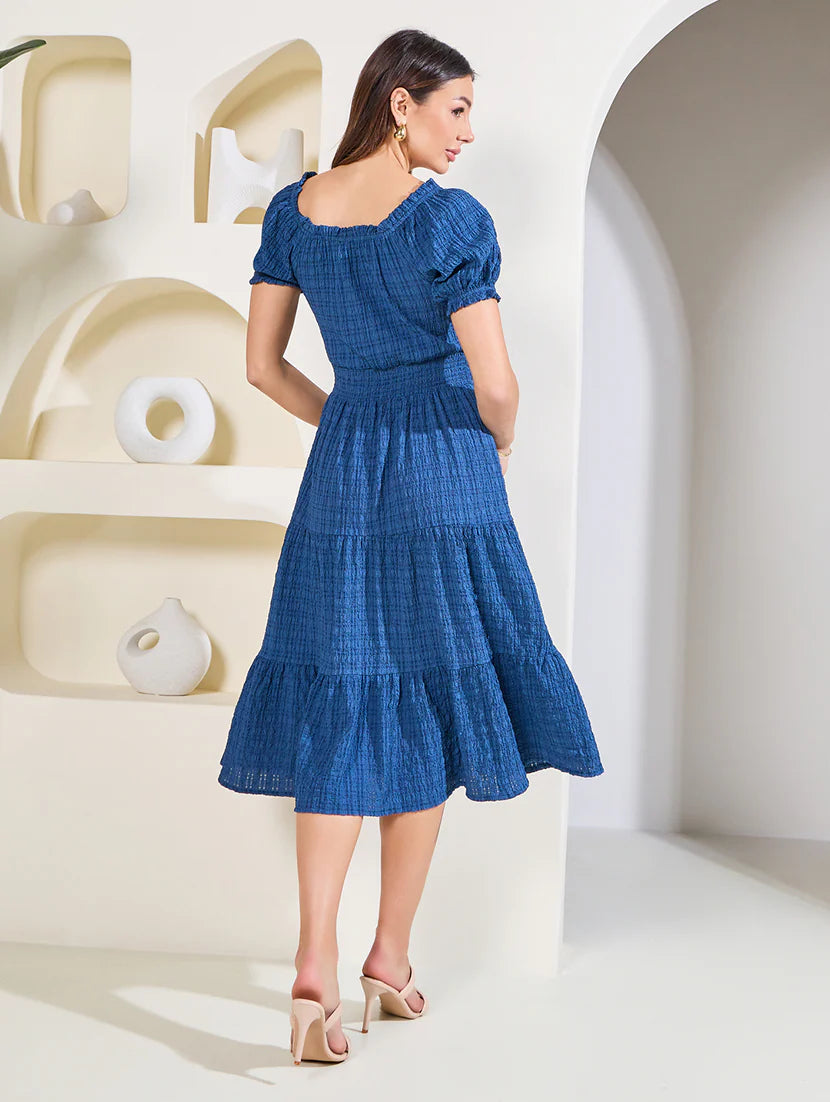 women solid puff sleeves tiered dress