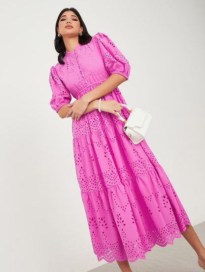 women pink solid puff sleeve midi dress