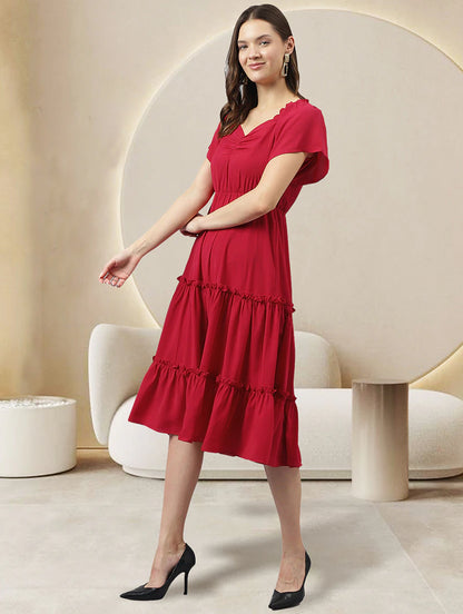 women red solid tiered dress