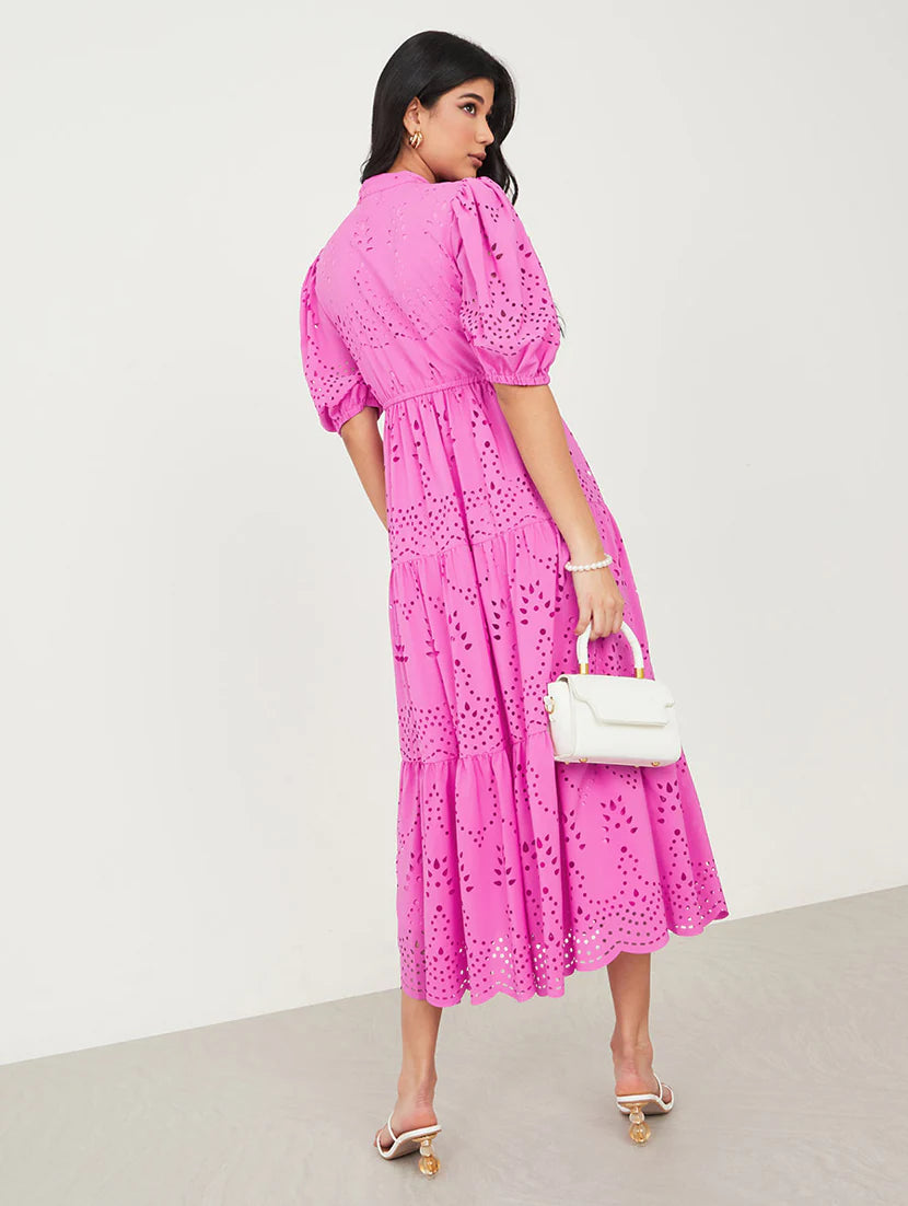 women pink solid puff sleeve midi dress