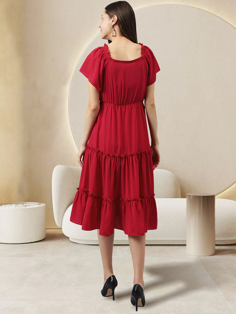 women red solid tiered dress