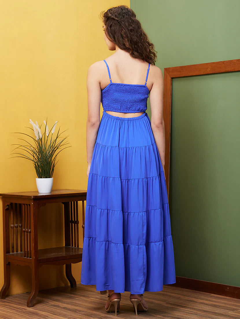 blue solid tiered dress