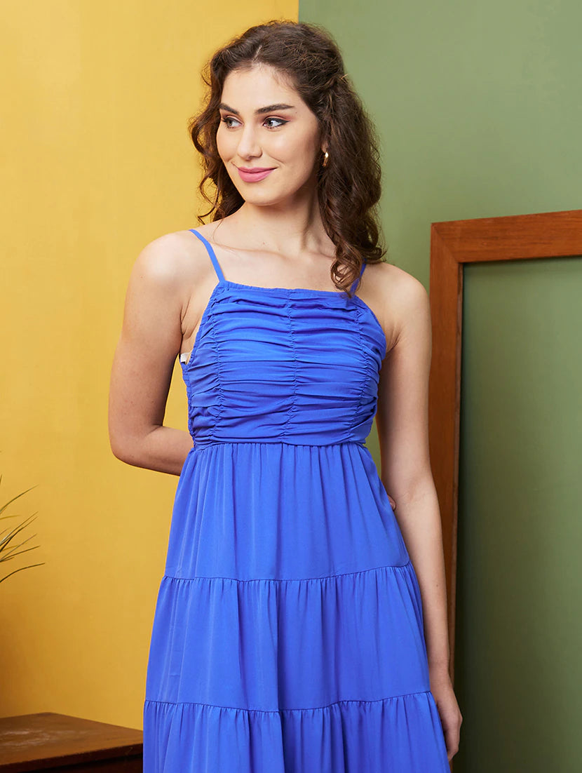 blue solid tiered dress