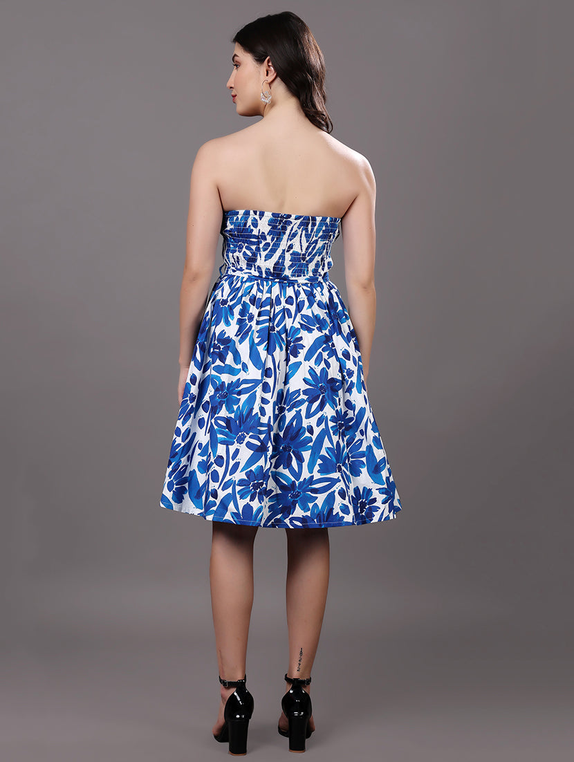 Azure Bloom Sleeveless Printed Dress (Blue & White Floral)