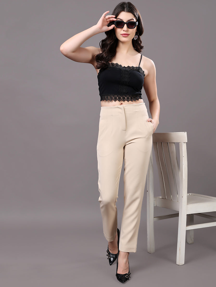 Beige High-Waist Tailored Trousers