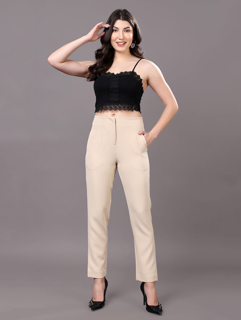Beige High-Waist Tailored Trousers