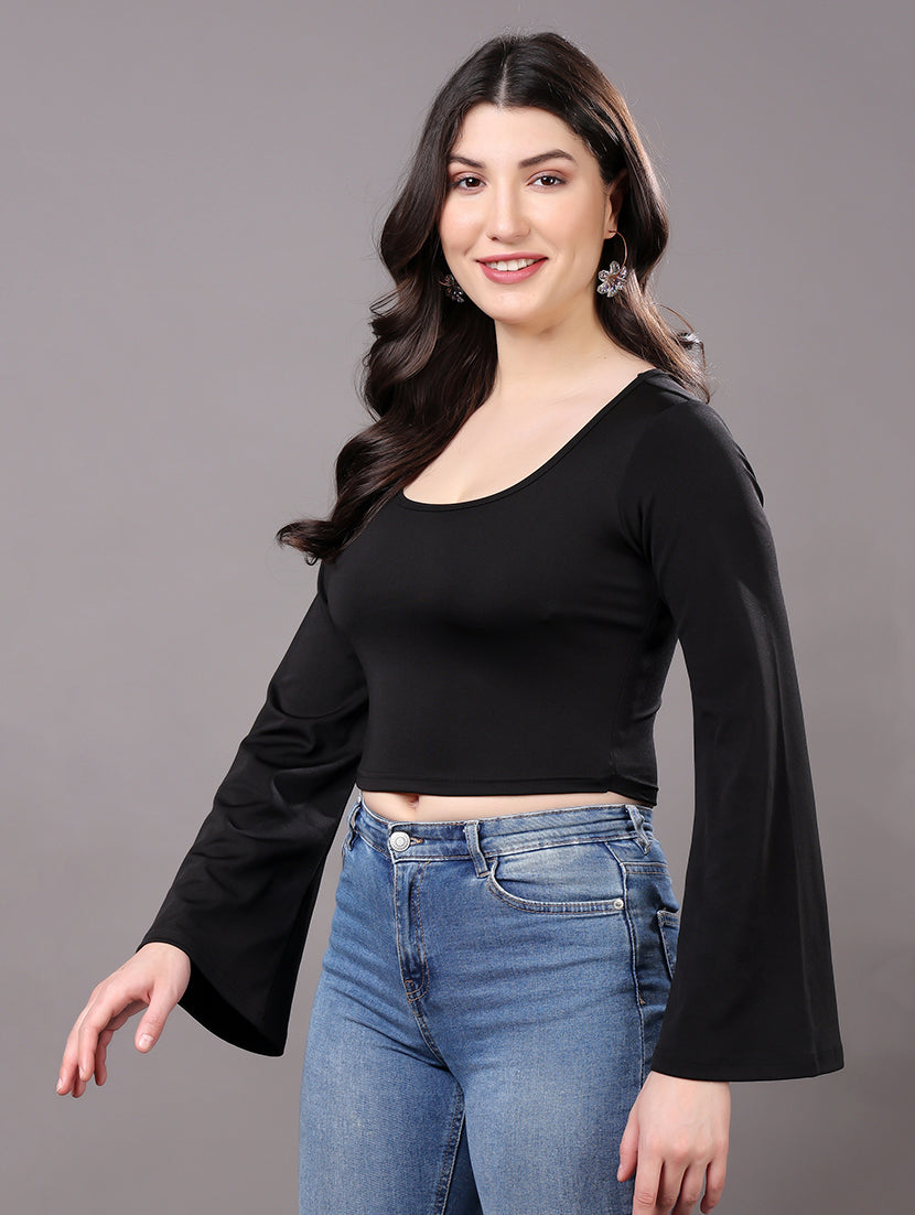 Black Bell-Sleeve Crop Top