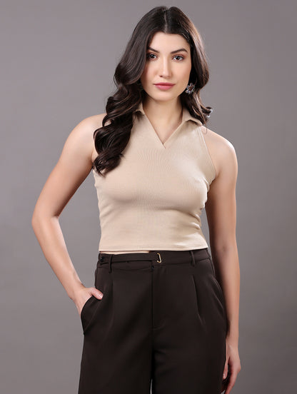Beige Ribbed Polo Tank Top