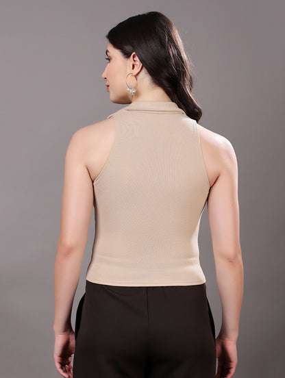 Beige Ribbed Polo Tank Top