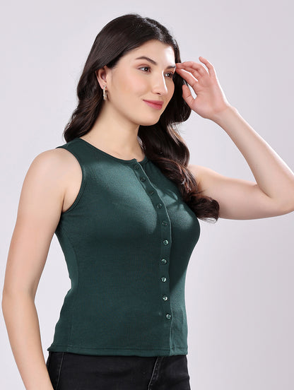 Dark Green Sleeveless Button-Down Top
