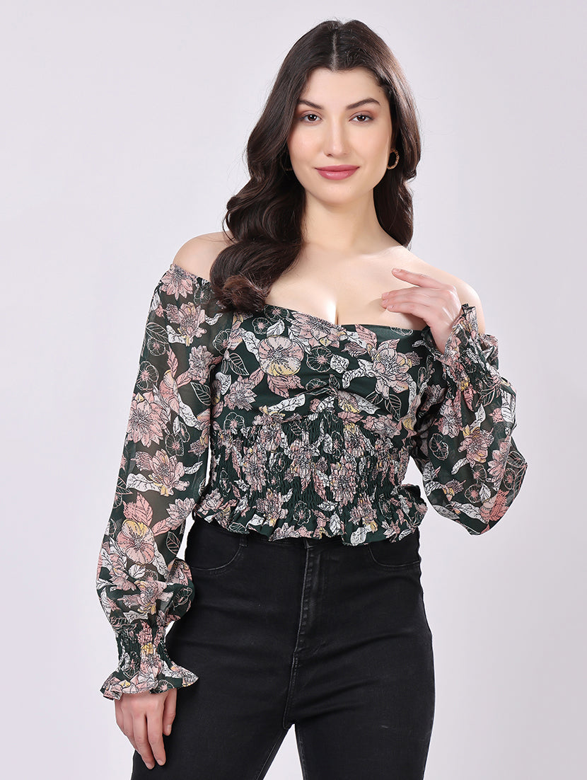 Green Floral Smocked Crop Top