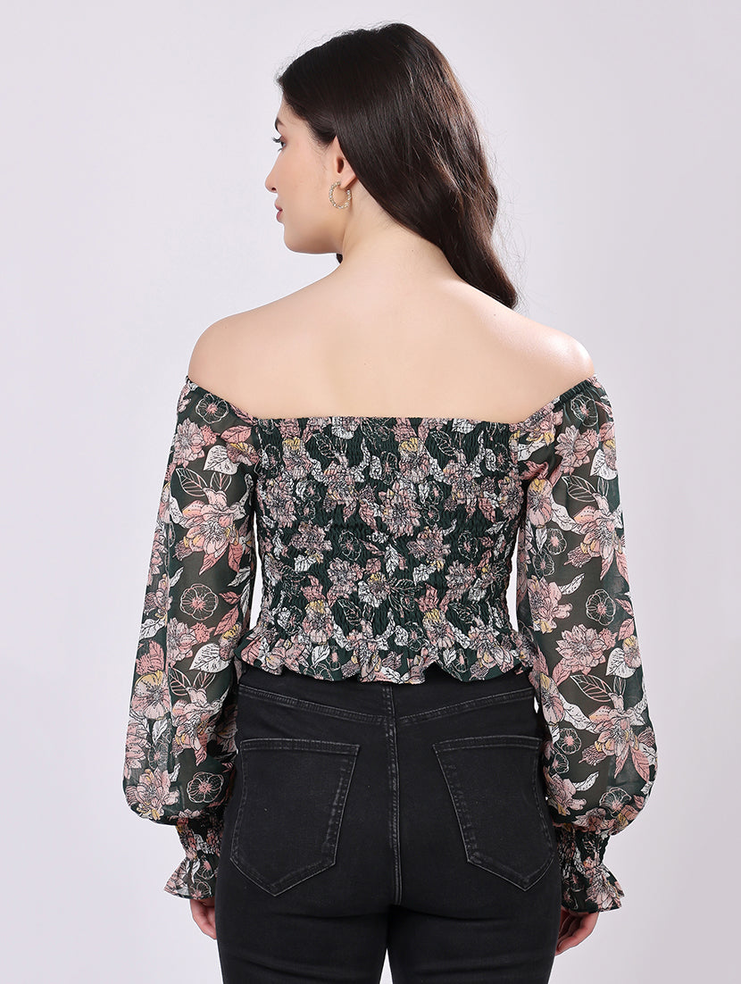 Green Floral Smocked Crop Top