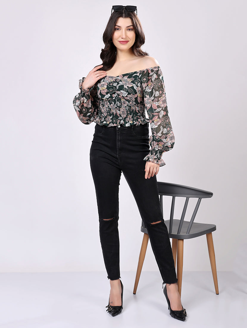 Green Floral Smocked Crop Top