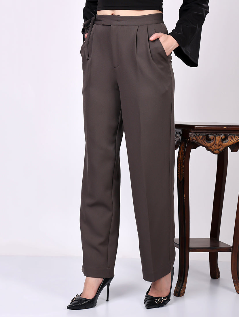 Dark Gray Tie-Waist Wide-Leg Trousers