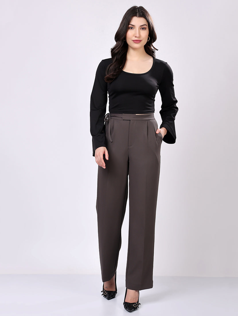 Dark Gray Tie-Waist Wide-Leg Trousers