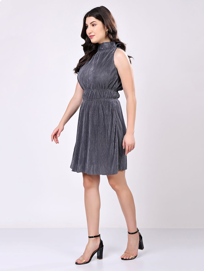 Shimmer Pleated High-Neck Dress