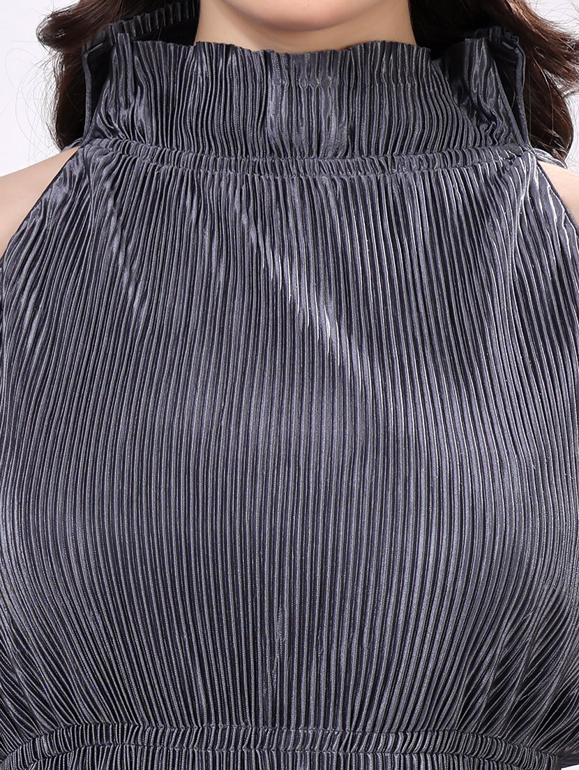 Shimmer Pleated High-Neck Dress