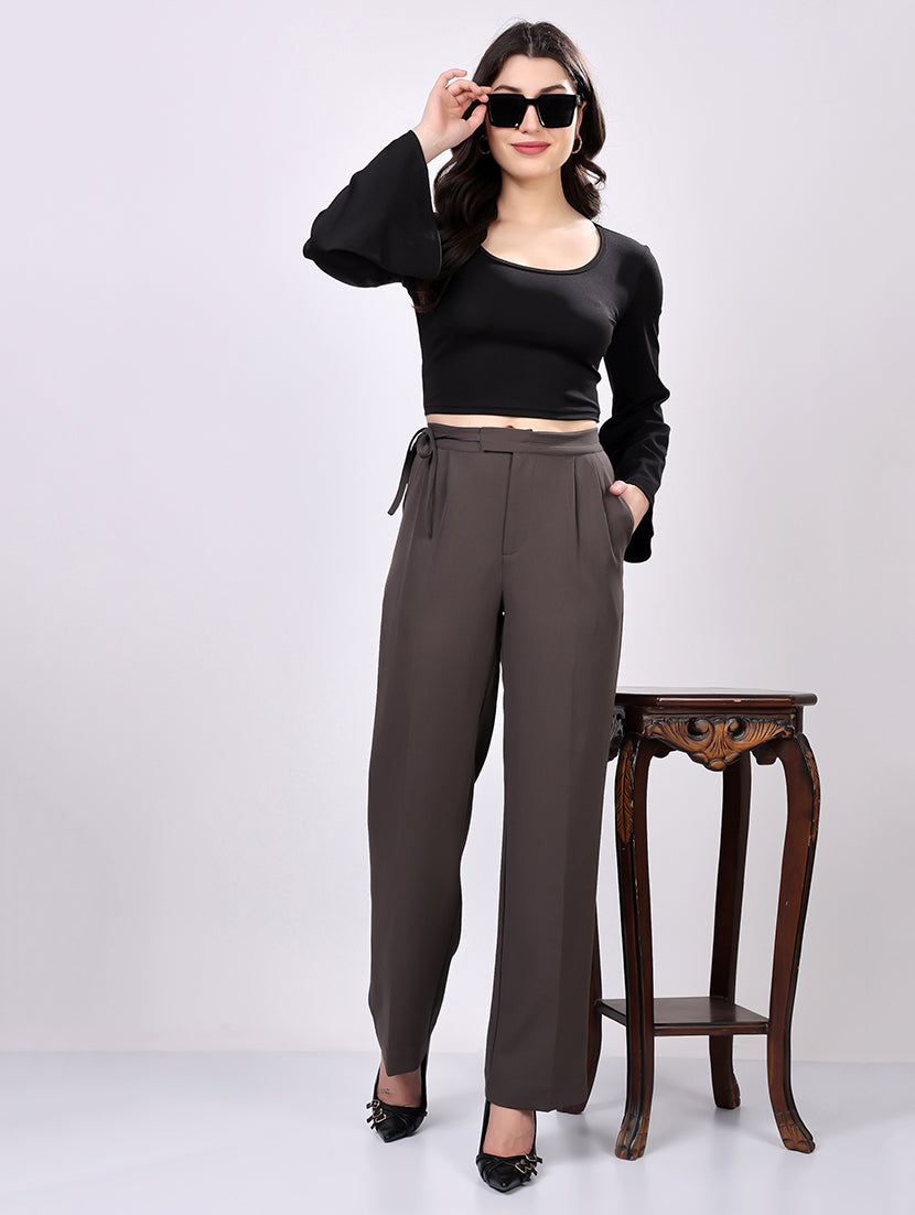 Dark Gray Tie-Waist Wide-Leg Trousers