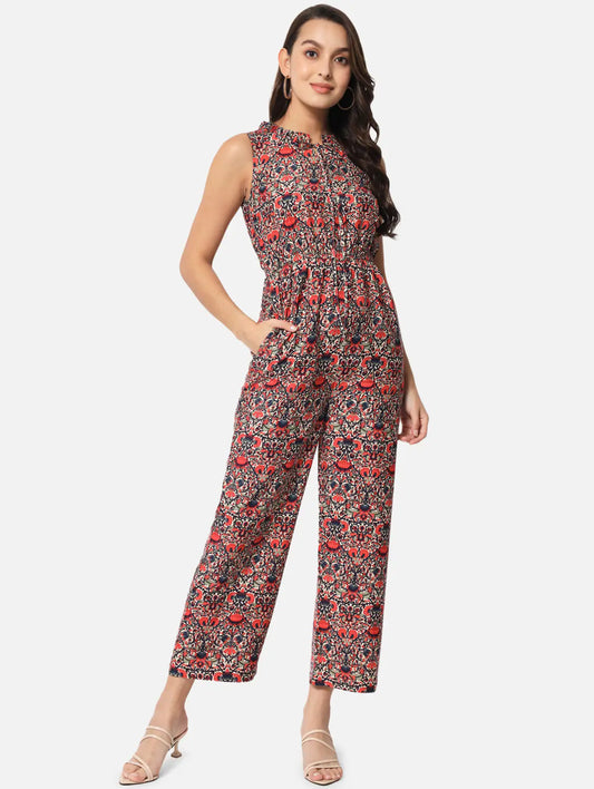 mandarin neck printed full leg jumpsuit