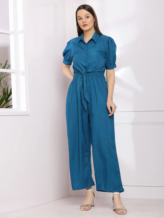 solid blue detailed jumpsuit with short jacket