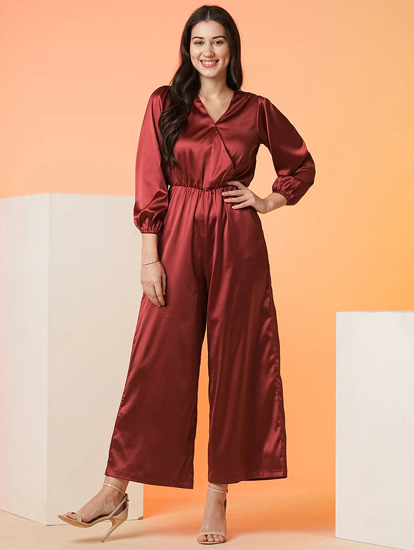 women solid maroon full length jumpsuit