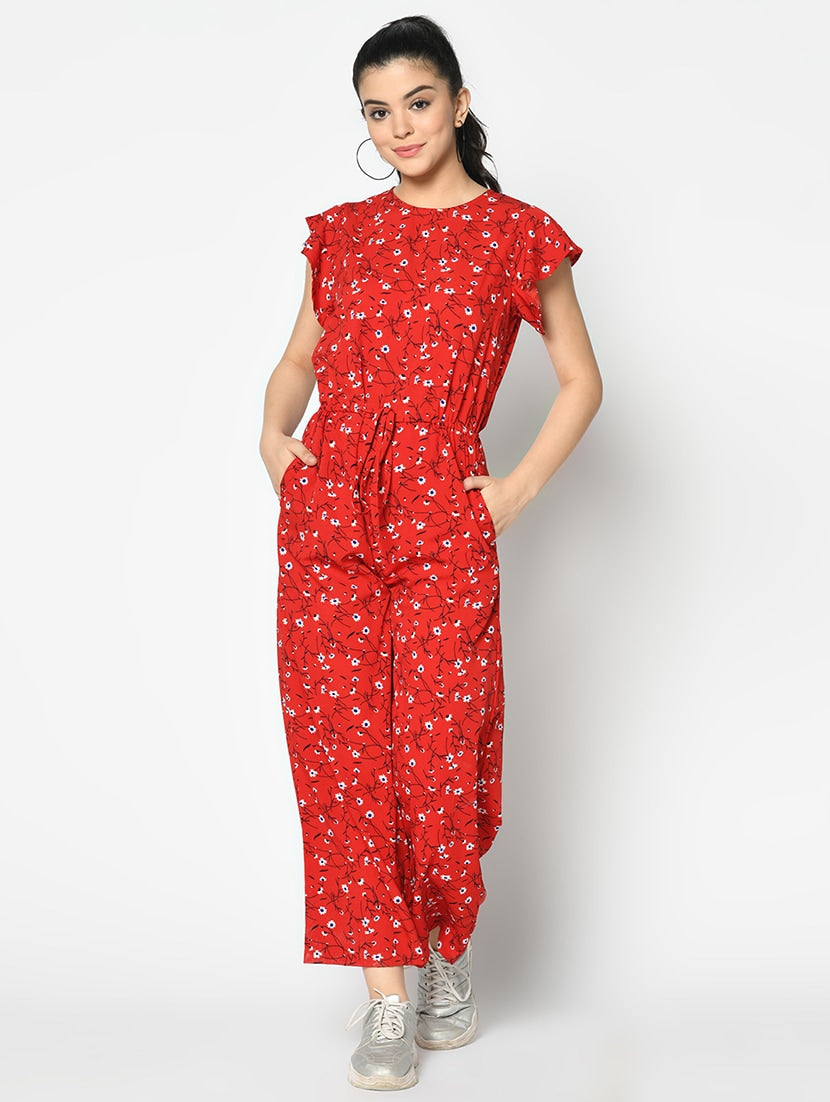 red flora printed full leg jumpsuit