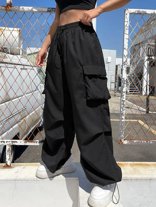 women solid high rise parachute pants