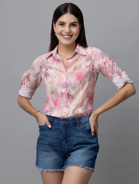 women beige florals printed regular shirt