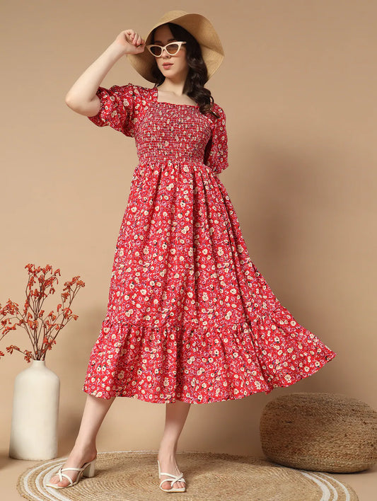 women red crepe fit and flare dress