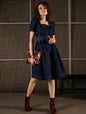 women navy blue denim fit & flare dress