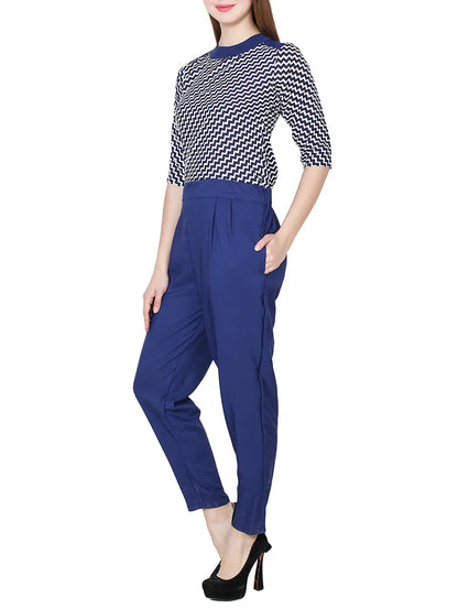 blue chevron full leg jumpsuit